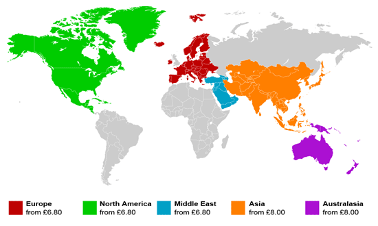 This map shows our chargeable zones within the world map